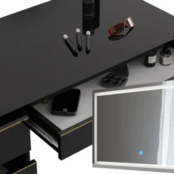 Schminktisch Sherry Schwarz/Gold 120 cm mit LED-Spiegel und Hocker Vicco