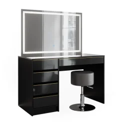 Schminktisch Sherry Schwarz/Gold 120 cm mit LED-Spiegel und Hocker Vicco