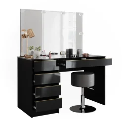 Schminktisch Sherry Schwarz/Gold 120 cm mit LED Beleuchtung und Hocker Vicco