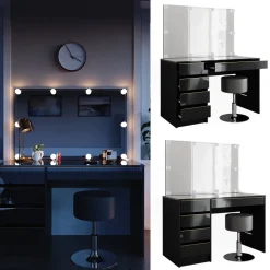 Schminktisch Sherry Schwarz/Gold 120 cm mit LED Beleuchtung und Hocker Vicco