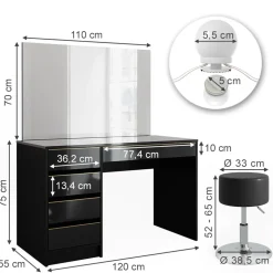 Schminktisch Sherry Schwarz/Gold 120 cm mit LED Beleuchtung und Hocker Vicco