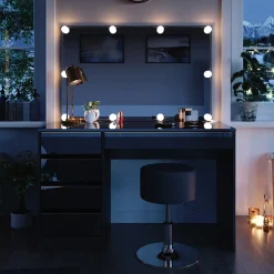 Schminktisch Sherry Schwarz/Gold 120 cm mit LED Beleuchtung und Hocker Vicco