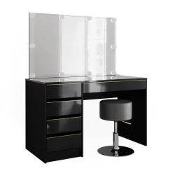 Schminktisch Sherry Schwarz/Gold 120 cm mit LED Beleuchtung und Hocker Vicco