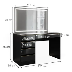 Schminktisch Sherry Schwarz/Gold 120 cm mit LED-Spiegel Vicco