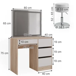 Schminktisch Sherry Sonoma 90 cm mit LED-Spiegel und Hocker Vicco