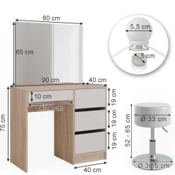 Schminktisch Sherry Sonoma 90 cm mit LED Beleuchtung und Hocker Vicco