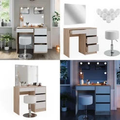 Schminktisch Sherry Sonoma 90 cm mit LED Beleuchtung und Hocker Vicco