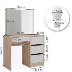 Schminktisch Sherry Sonoma 90 cm mit LED Beleuchtung Vicco