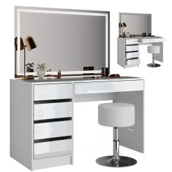 Schminktisch Sherry Weiß 120 cm mit LED-Spiegel und Hocker Vicco