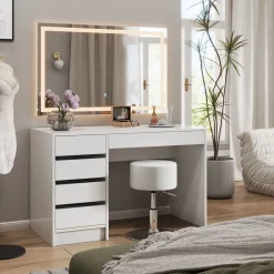 Schminktisch Sherry Weiß 120 cm mit LED-Spiegel und Hocker Vicco