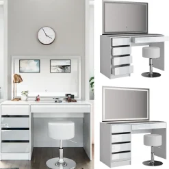 Schminktisch Sherry Weiß 120 cm mit LED-Spiegel und Hocker Vicco