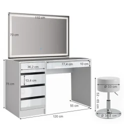 Schminktisch Sherry Weiß 120 cm mit LED-Spiegel und Hocker Vicco