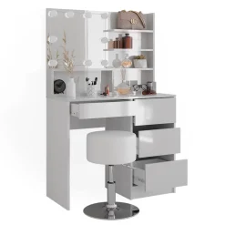 Schminktisch Sherry Weiß 90 cm mit LED Beleuchtung, Hocker und Spiegelregal Vicco