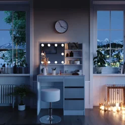 Schminktisch Sherry Weiß 90 cm mit LED Beleuchtung, Hocker und Spiegelregal Vicco