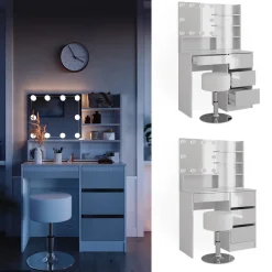 Schminktisch Sherry Weiß 90 cm mit LED Beleuchtung, Hocker und Spiegelregal Vicco