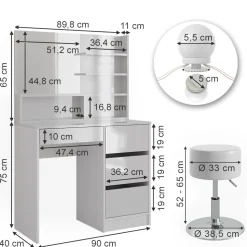 Schminktisch Sherry Weiß 90 cm mit LED Beleuchtung, Hocker und Spiegelregal Vicco