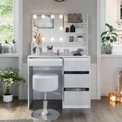 Schminktisch Sherry Weiß 90 cm mit LED Beleuchtung, Hocker und Spiegelregal Vicco