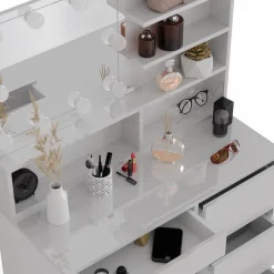 Schminktisch Sherry Weiß 90 cm mit LED Beleuchtung, Hocker und Spiegelregal Vicco