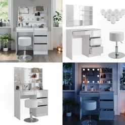 Schminktisch Sherry Weiß 90 cm mit LED Beleuchtung, Hocker und Spiegelregal Vicco