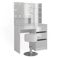 Schminktisch Sherry Weiß 90 cm mit LED Beleuchtung, Hocker und Spiegelregal Vicco