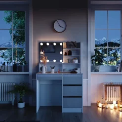 Schminktisch Sherry Weiß 90 cm mit LED Beleuchtung, und Spiegelregal Vicco