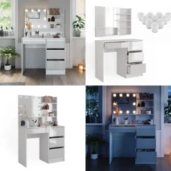 Schminktisch Sherry Weiß 90 cm mit LED Beleuchtung, und Spiegelregal Vicco