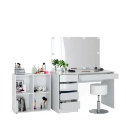 Schminktisch Sherry Weiß 120 cm 4 Teile, mit Standregal, Spiegel, Hocker, LED Vicco