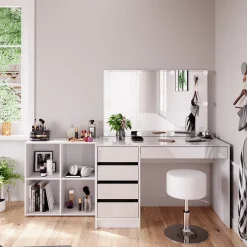 Schminktisch Sherry Weiß 120 cm 4 Teile, mit Standregal, Spiegel, Hocker, LED Vicco