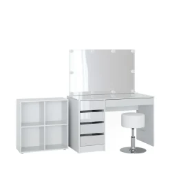 Schminktisch Sherry Weiß 120 cm 4 Teile, mit Standregal, Spiegel, Hocker, LED Vicco