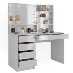 Schminktisch Sherry Weiß 120 cm mit LED Beleuchtung, und Spiegelregal Vicco