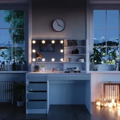 Schminktisch Sherry Weiß 120 cm mit LED Beleuchtung, und Spiegelregal Vicco
