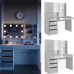 Schminktisch Sherry Weiß 120 cm mit LED Beleuchtung, und Spiegelregal Vicco