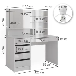 Schminktisch Sherry Weiß 120 cm mit LED Beleuchtung, und Spiegelregal Vicco