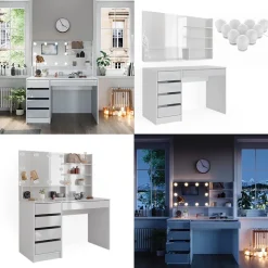 Schminktisch Sherry Weiß 120 cm mit LED Beleuchtung, und Spiegelregal Vicco