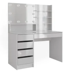 Schminktisch Sherry Weiß 120 cm mit LED Beleuchtung, und Spiegelregal Vicco