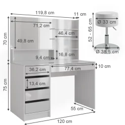 Schminktisch Sherry Weiß 120 cm mit Hocker Vicco