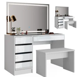 Schminktisch Sherry Weiß 120 cm mit LED-Spiegel und Bank Vicco