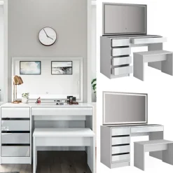 Schminktisch Sherry Weiß 120 cm mit LED-Spiegel und Bank Vicco