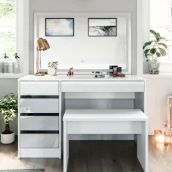 Schminktisch Sherry Weiß 120 cm mit LED-Spiegel und Bank Vicco