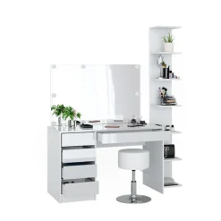 Schminktisch Sherry Weiß 4 Teile, mit Aufbewahrungsregal, Spiegel, Hocker, LED Vicco