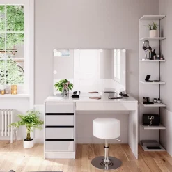 Schminktisch Sherry Weiß 4 Teile, mit Aufbewahrungsregal, Spiegel, Hocker, LED Vicco
