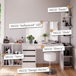 Schminktisch Sherry Weiß 4 Teile, mit Aufbewahrungsregal, Spiegel, Hocker, LED Vicco