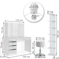 Schminktisch Sherry Weiß 4 Teile, mit Aufbewahrungsregal, Spiegel, Hocker, LED Vicco