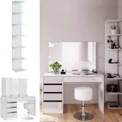 Schminktisch Sherry Weiß 4 Teile, mit Aufbewahrungsregal, Spiegel, Hocker, LED Vicco