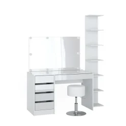 Schminktisch Sherry Weiß 4 Teile, mit Aufbewahrungsregal, Spiegel, Hocker, LED Vicco