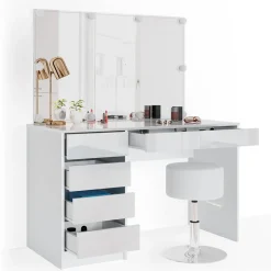 Schminktisch Sherry Weiß 120 cm mit LED Beleuchtung und Hocker Vicco