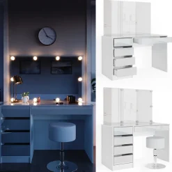 Schminktisch Sherry Weiß 120 cm mit LED Beleuchtung und Hocker Vicco