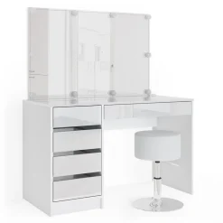 Schminktisch Sherry Weiß 120 cm mit LED Beleuchtung und Hocker Vicco