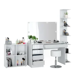 Schminktisch Sherry Weiß 5 Teile, mit Aufbewahrungsregal, Standregal, Spiegel, Hocker, LED Vicco