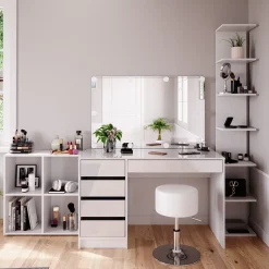 Schminktisch Sherry Weiß 5 Teile, mit Aufbewahrungsregal, Standregal, Spiegel, Hocker, LED Vicco